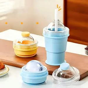 Portable Foldable Ice Ball Cup Food Grade Silicone Reusable Straw Cup Leakproof Free Cold Drink Cup Lightweight Travel Mug for Summer Outdoor Beach Camping Picnic.Random color