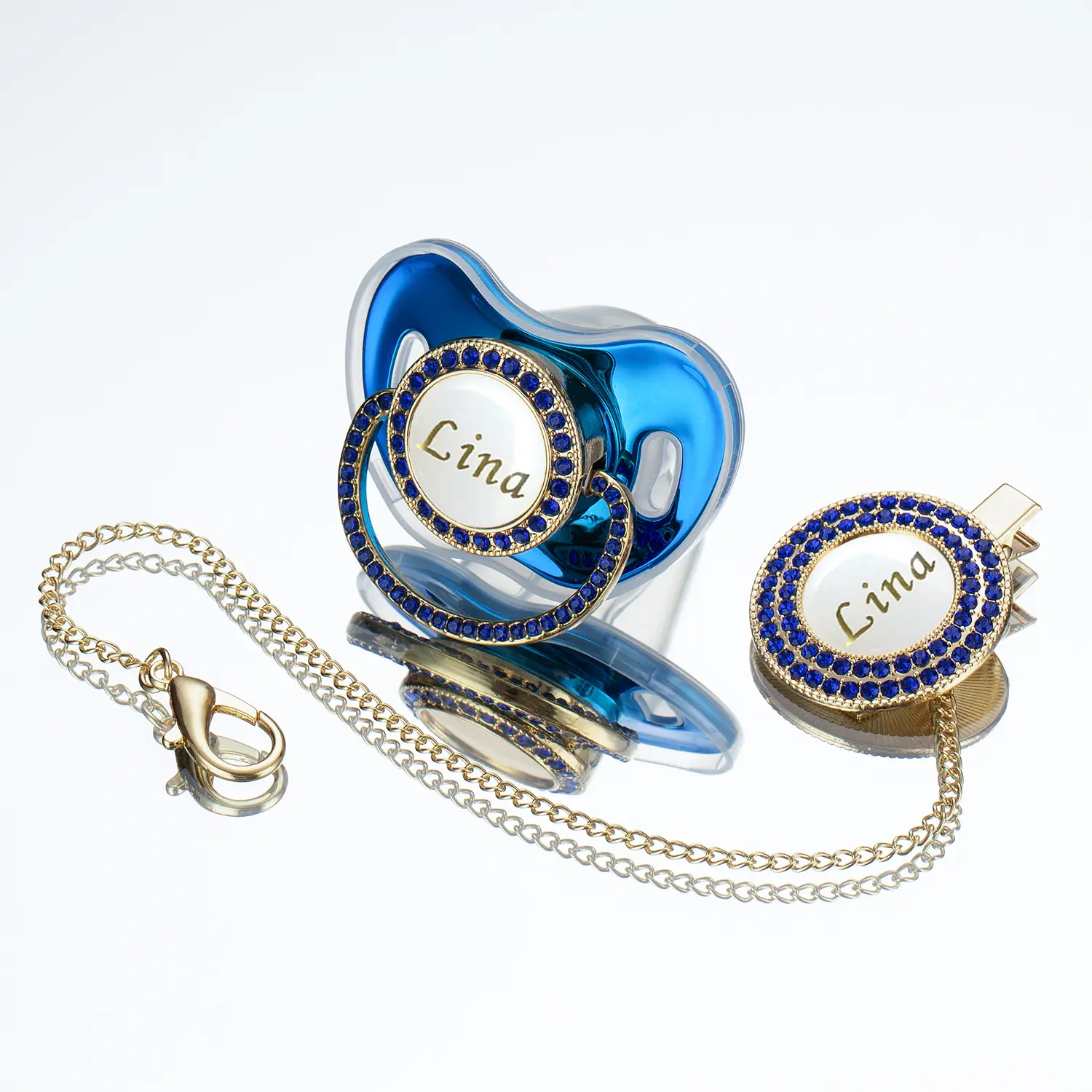 Luxury Custom Name Gold Blue Stone Bling Pacifier – Personalized Crystal Baby Soother for Birth Announcement, Baptism & Newborn Keepsake,Baby Shower chupetes