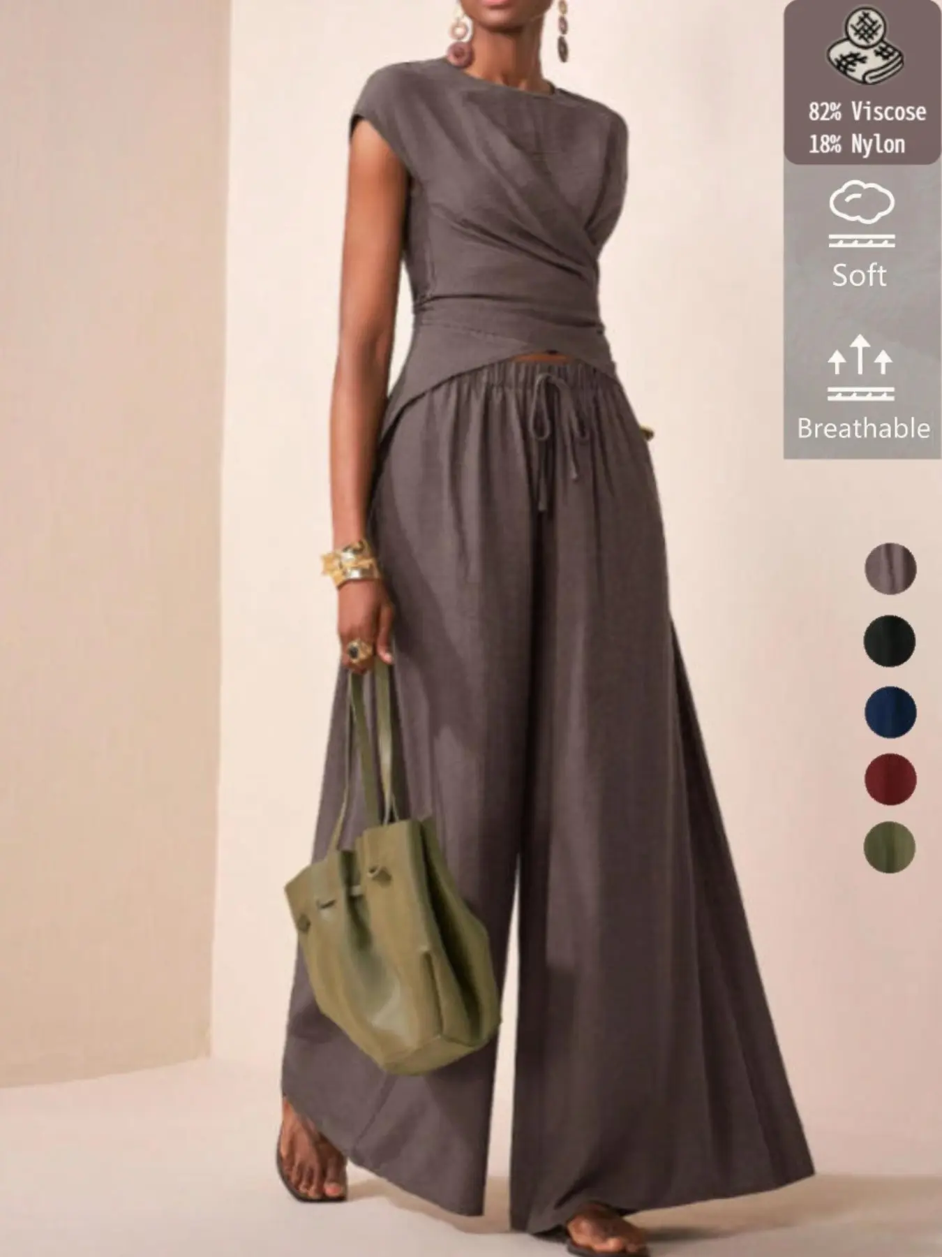 Women's Viscose Material Waist Cinched Sleeveless Blouse, Casual Loose Long Pants Set, All Seasons Fashion Style