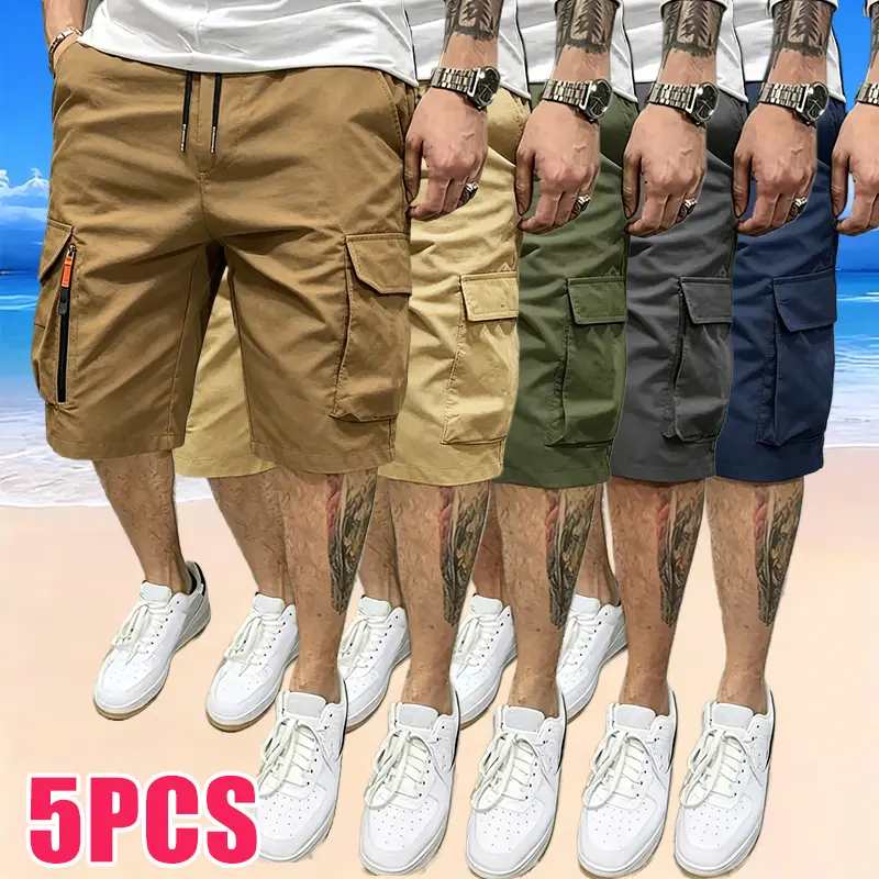 Men's 5-Pack Sport Casual Cargo Shorts - Adjustable, Athleisure Street Shorts, Multiple Pockets, Drawstring Elastic Waist, Mock Zipper, Hiking-Ready Casual Style, Ideal for Outdoor Hiking, Daily Running, Father's Day Gift