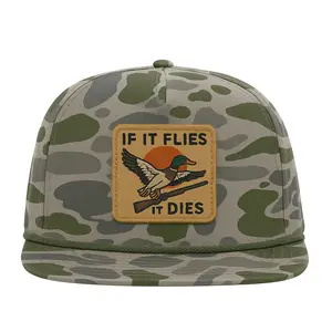 Richardson IF IT FLIES IT DIES HAT Green Camo Duck Patch Army Green Rope Detail Embroidered Design Classic Snapback Adjustable Fit