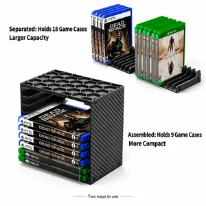 Video Game Case Storage Rack for Standard Game Cases, Stackable Desktop Organizer, 1-Pack Holds 9 Slots Assembled or 18 Slots Separated, 2-Pack Holds 18 or 36 Slots, Carbon Fiber Pattern Side Panels, Honeycomb Top