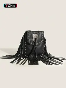 Women's Punk Style Rivet & Tassel Decor Crossbody Bag, Trendy Vintage Crossbody Bag, Stylish Crossbody Bag, Chic Crossbody Bag for Daily Use, Crossbody Shoulder Purses, Fringe Hobo Bag