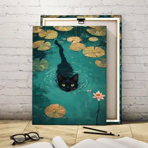 Black Cat Swimming in Lotus Pond Pattern Wooden Framed Canvas Painting, Modern Floral Paintings, Modern Art, Fashion Decoration, Living Room Bedroom Decoration, Office Mural, Ornaments, Modern Home Decor