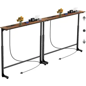 70-inch narrow console table with outlet, adjustable height (25–37"), sofa side table, slim couch table with charging station, long entryway table for living room, brown
