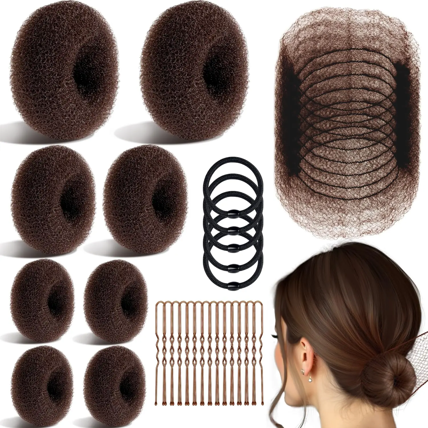 Bun Maker and Hair Nets Set, Hair Accessory Set with 8 Bun Makers for Women, 10 Brown Invisible Nets, 5 Elastic Bands and 40 U Bobby Pins for Ballet, Dance