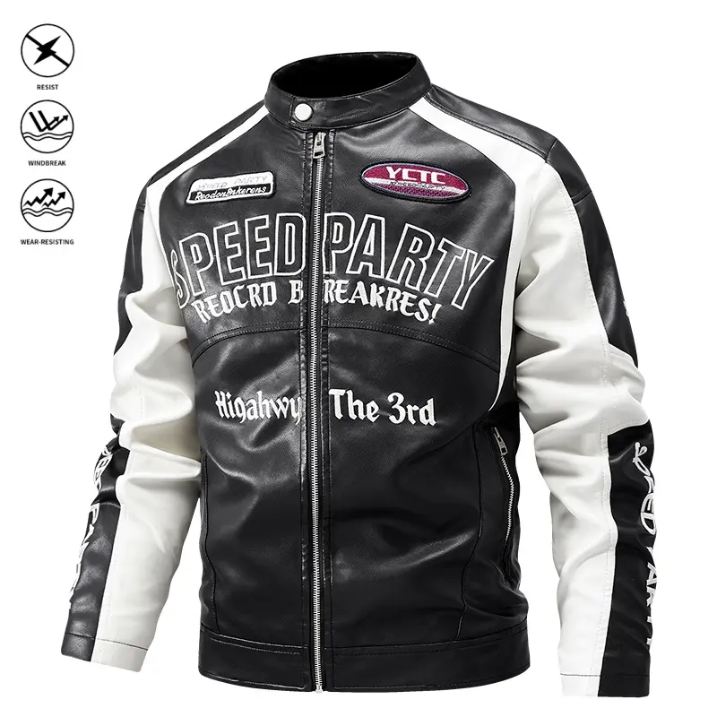 Mens Stand Collar Color-Block Biker Leather Jacket - Menswear, Spring/Autumn Wear, Letter Print Patch Appliqués, Badge Embellishments, Zip Detailing, Color-Blocked Sleeves, Ideal for Everyday Outings & Gatherings