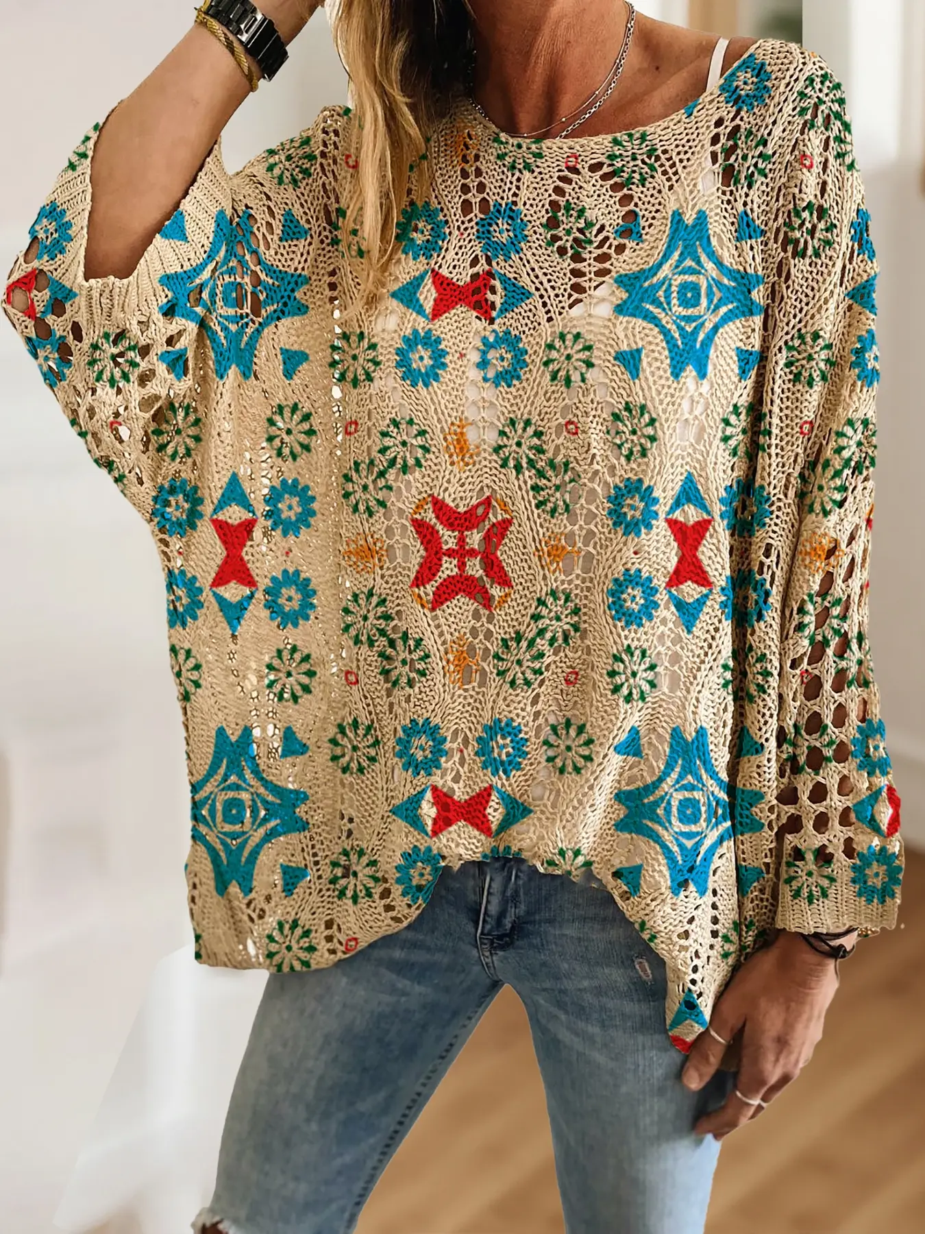 Geometric Blue Colorblock Print Long Sleeve Knit Top, Casual Elegant Vacation Style Sweater, Loose Batwing Shoulders, Spring Summer Fall Women's Clothing