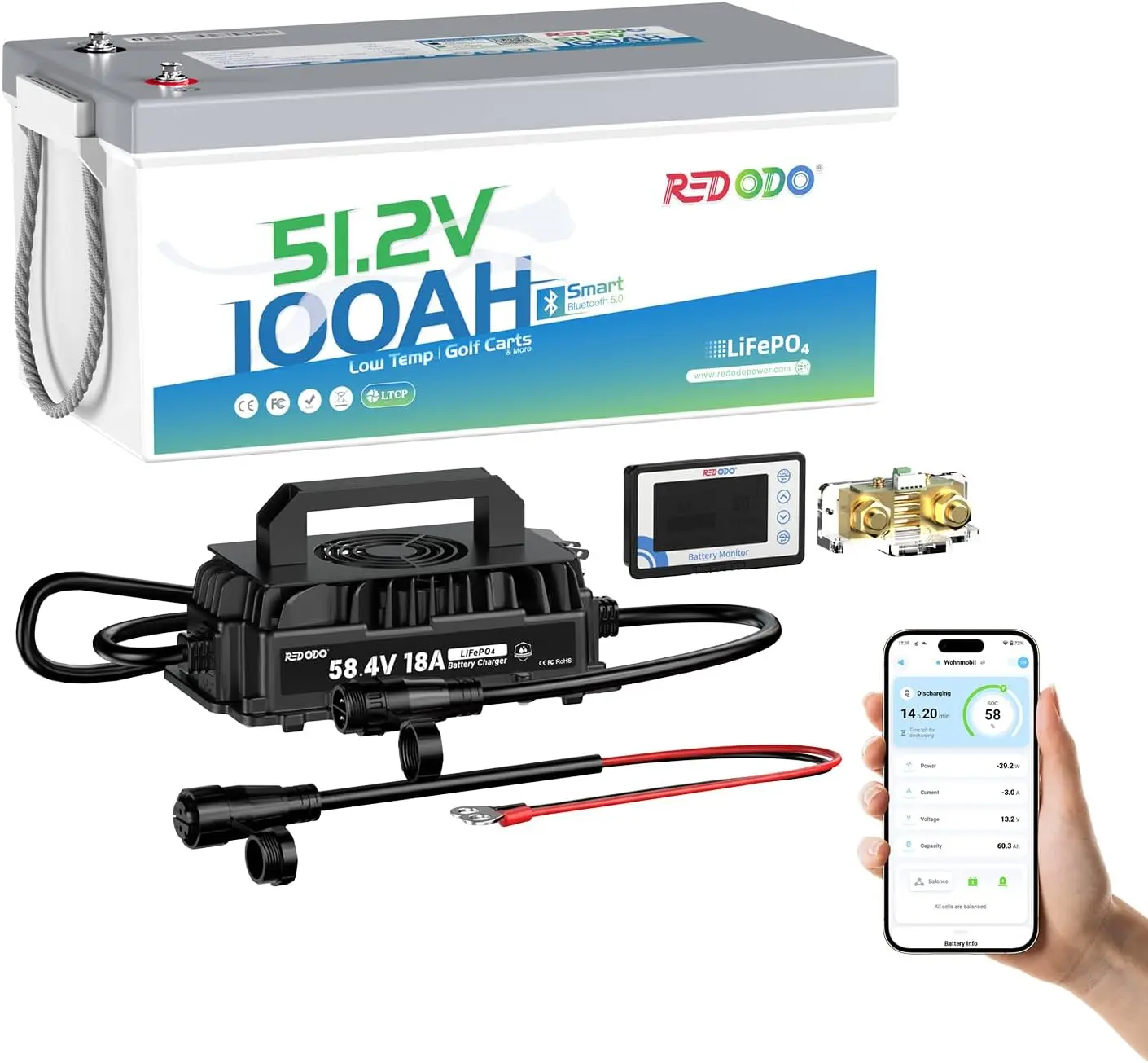 Redodo Lithium Battery 48V 100Ah LiFePO4 Golf Cart Battery Kit Bluetooth | 58.4V 18A Charger + 500A Battery Monitor- 200A BMS with Low-Temp Cutoff 4000+ Deep Cycles for Golf Carts Club Car E-Z-GO