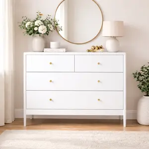 4 Drawer Kids Dresser with Brass Pulls, Wooden Toddler Dresser for Nursery Bedroom Closet, Modern Baby Dressers Storage Organizer for Kids Clothes Bedroom Nursery Hallway Office, White
