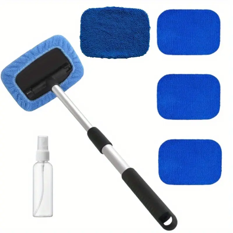 Windshield Cleaner Tool - Extendable Handle Microfiber Kit with 4 Reusable Pads, Car Detailing Accessories Auto Detailing Supplies Car Wash Equipment for Inside/Outside Streak-Free Use on Vehicles, Homes, Glass Cleaner