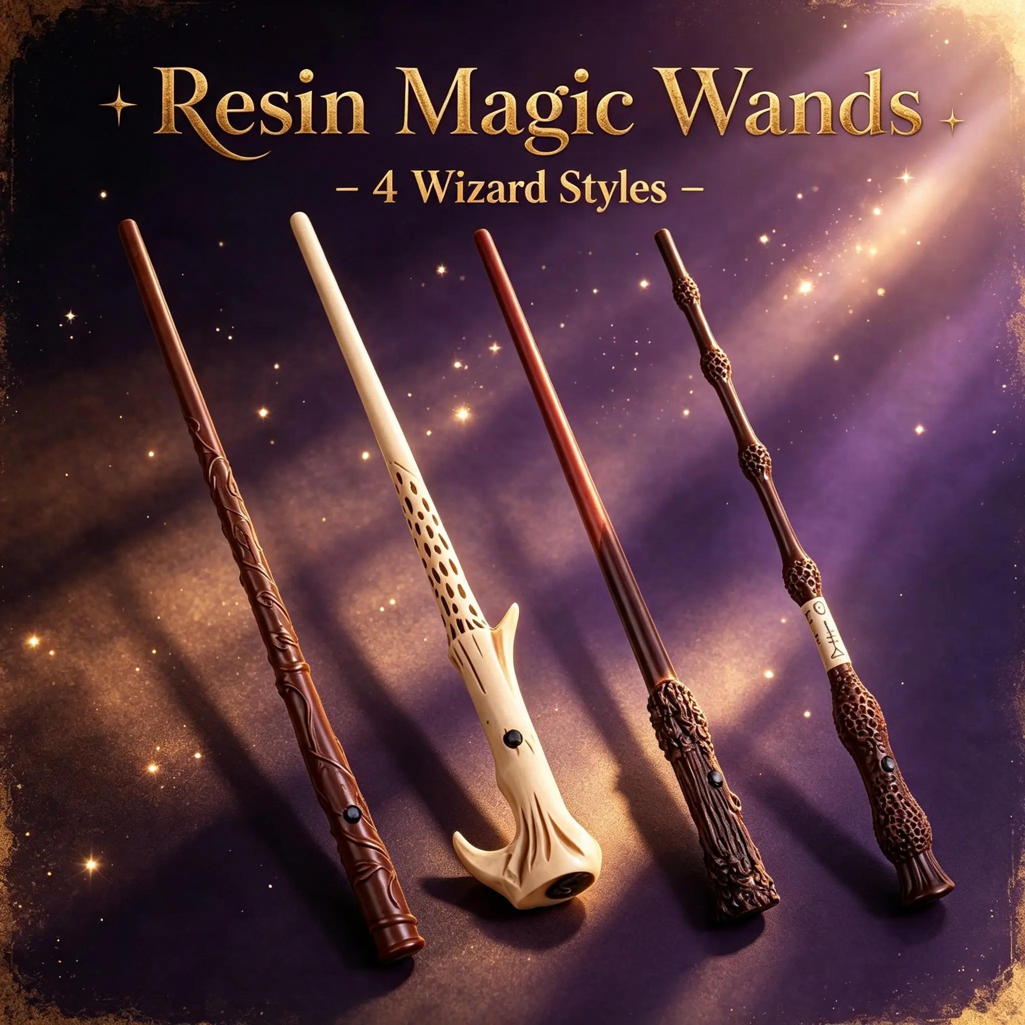 4 Varieties Resin Magic Wizard Wands, Detailed Hand-Carved Cosplay Prop, Fantasy Roleplay Accessory, Great for Halloween, Cosplay Costume & Collectible Display