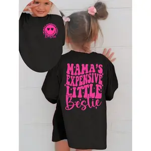 [Girls' Summer T-Shirt] Casual & Versatile Girls' Summer Short Sleeve T-Shirt - "MAMA'S EXPENSIVE LITTLE BESTIE" Letter Print, Round Neck, Stretchy Knit Fabric, Perfect for Casual Attire