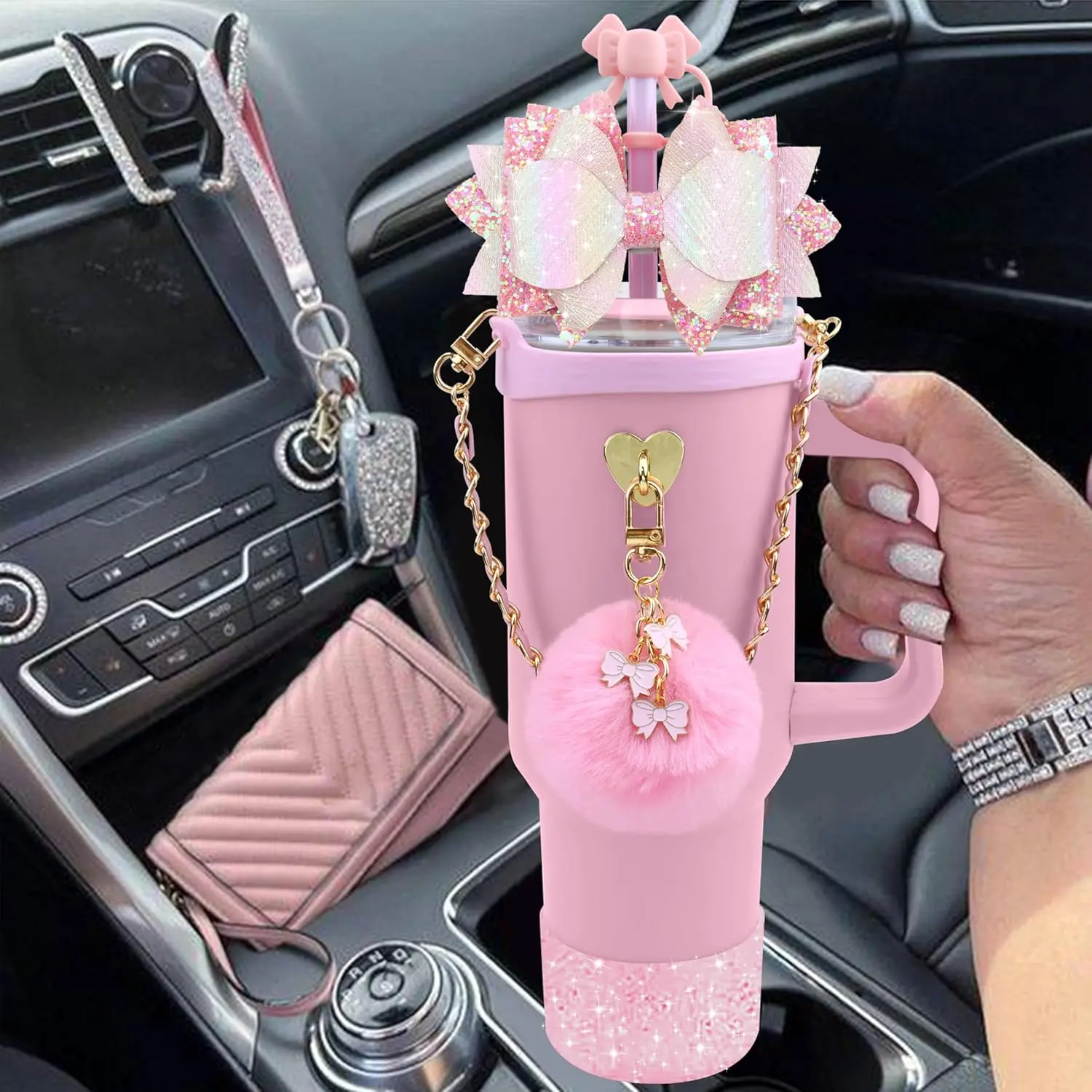 Cup Accessories for Stanley 30oz-40oz Tumbler Straw Topper Cover Water Bottle Handle Strap Cup Boot Bow Decorate Charm Chain (no Stanley tumbler, only 8 pieces accessories), for Stanley Sturdy Cup