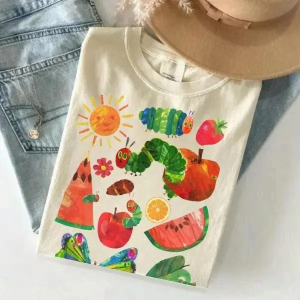 Women's The Very Hungry Caterpillar Graphic Print Tshirt - Heavyweight Combed Cotton Crew Neck Short Sleeve Casual Basic Pill-Free USA Made Teacher Top, Teacher Gift, Lady, Lightweight, 90S Cartoons