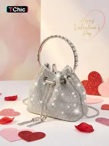 Valentine's Day Luxury Rhinestone Bag, Shiny Diamond Bucket Bag, Designer Crossbody Bag, Evening Clutch, Shoulder Chain Bag, Elegant Bags, Embellished Shoulder Bag, Fashionable Bags