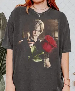 [Sale Up To 50%] Comfort Colors Leon Kennedy Rose Shirt, Gothic Gamer Tee, Survival Horror Game Shirt, Dark Aesthetic Gaming Tee, Vintage Style Gamer Gift