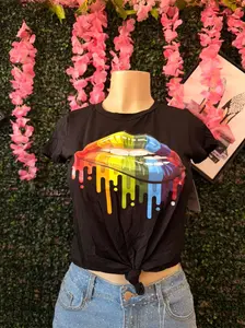 PRIDE TOP Graphic T-shirt with Rainbow Lip Print Dripping Paint Effect for Pride Events or Casual Streetwear Style