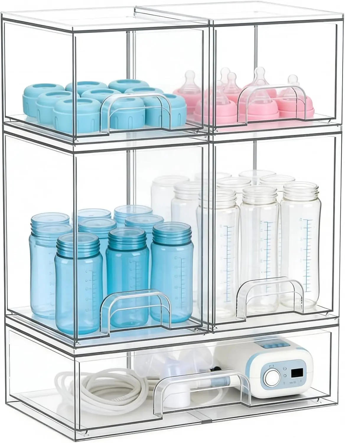 Baby Bottle Organizer, Stackable Storage Drawers Acrylic | Large capacity 5-piece set with non-slip pads. Great for baby bottles, pump parts, kitchen countertop, pantry, and vanity.