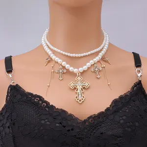 Double-layer pearl tassel necklace with diamond-encrusted cross pendant, niche design, stylish and versatile collarbone chain, trendy