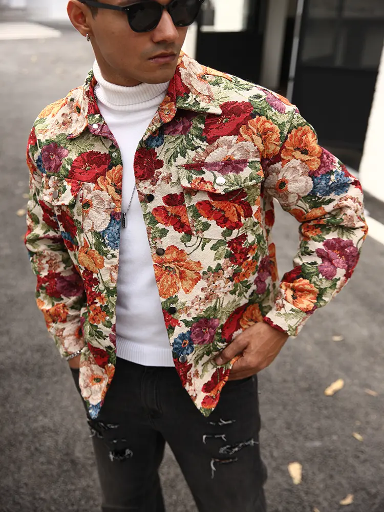 Men’s Vintage Floral Print Button-Up Shirt Jacket - Polyester Blend, Single-Breasted Open Front, Button-Down Collar, 2 Pockets, Machine Washable, Regular Fit, Minimalist, Warmth, Non-Stretch Fabric