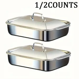 Stainless Steel Baking Pan with Lid, 1/2 Counts Multifunctional Rectangular Baking Pan, Baking Tray for Fish Seafood Barbecue Service & Storage, Rectangular Casserole Dish Baking Dish Set