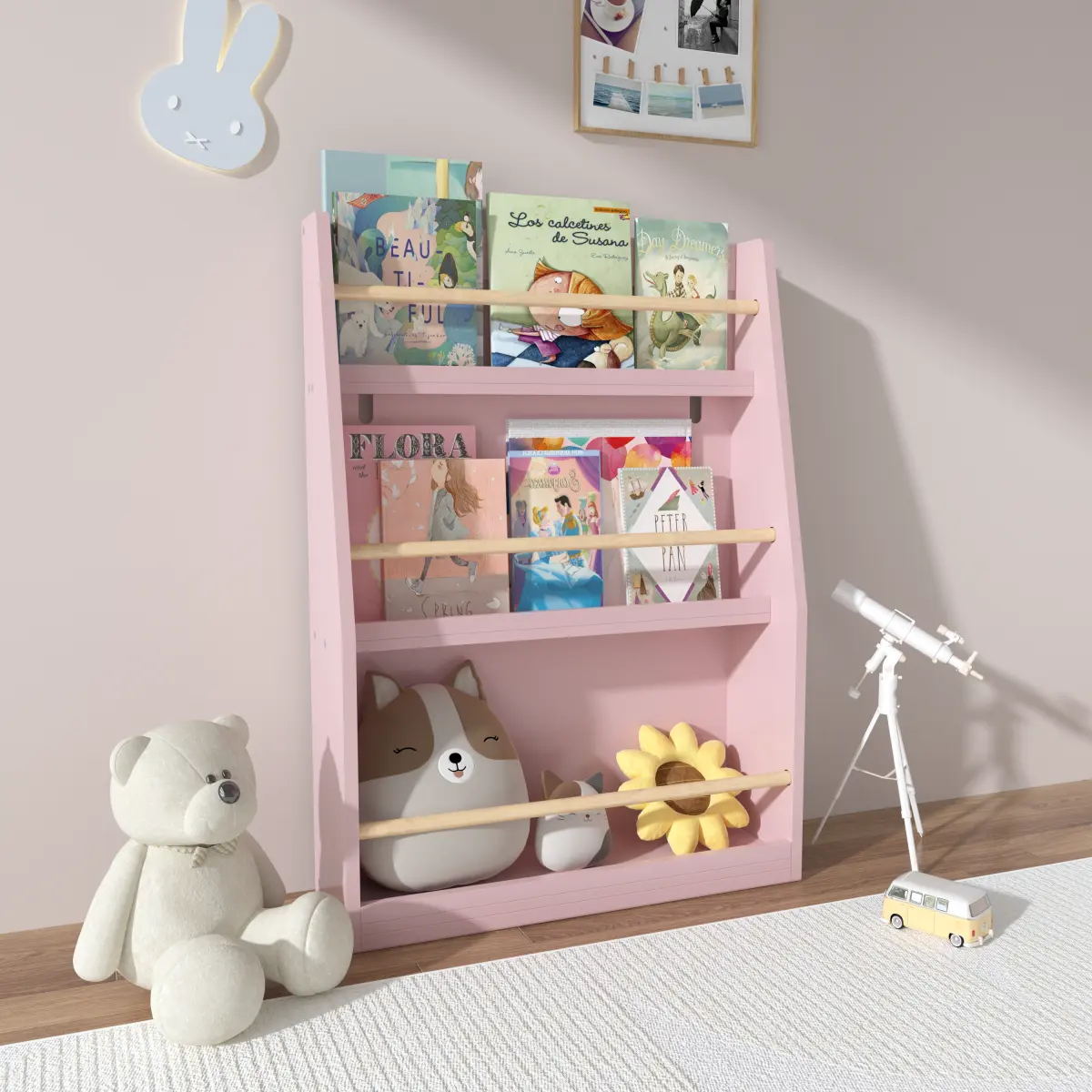 Kids Bookshelf, 3-Tier Montessori Book Shelf Organizer for Books and Toys, Toddler Bookshelf for Bedroom, Living Room, Playroom, Classroom, Nursery - Pink