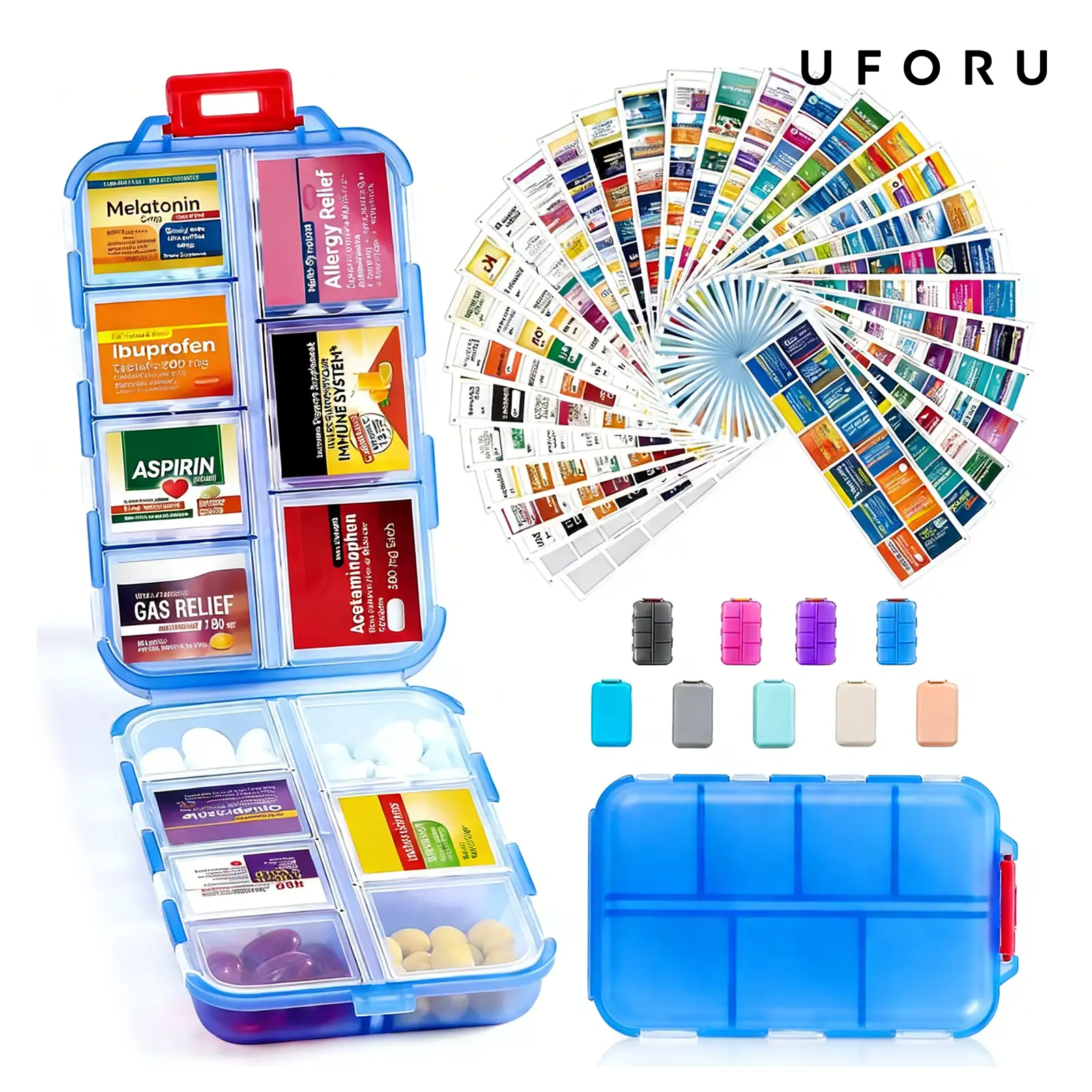 UFORU Travel Pill Organizer Box with 146 Labels, 10 Compartment Small Pill Case Medicine Kit, Portable Pocket Purse Pharmacy, Daily Weekly Vitamin Supplement Medication Holder（no pills)dealsforyou#SummerWins