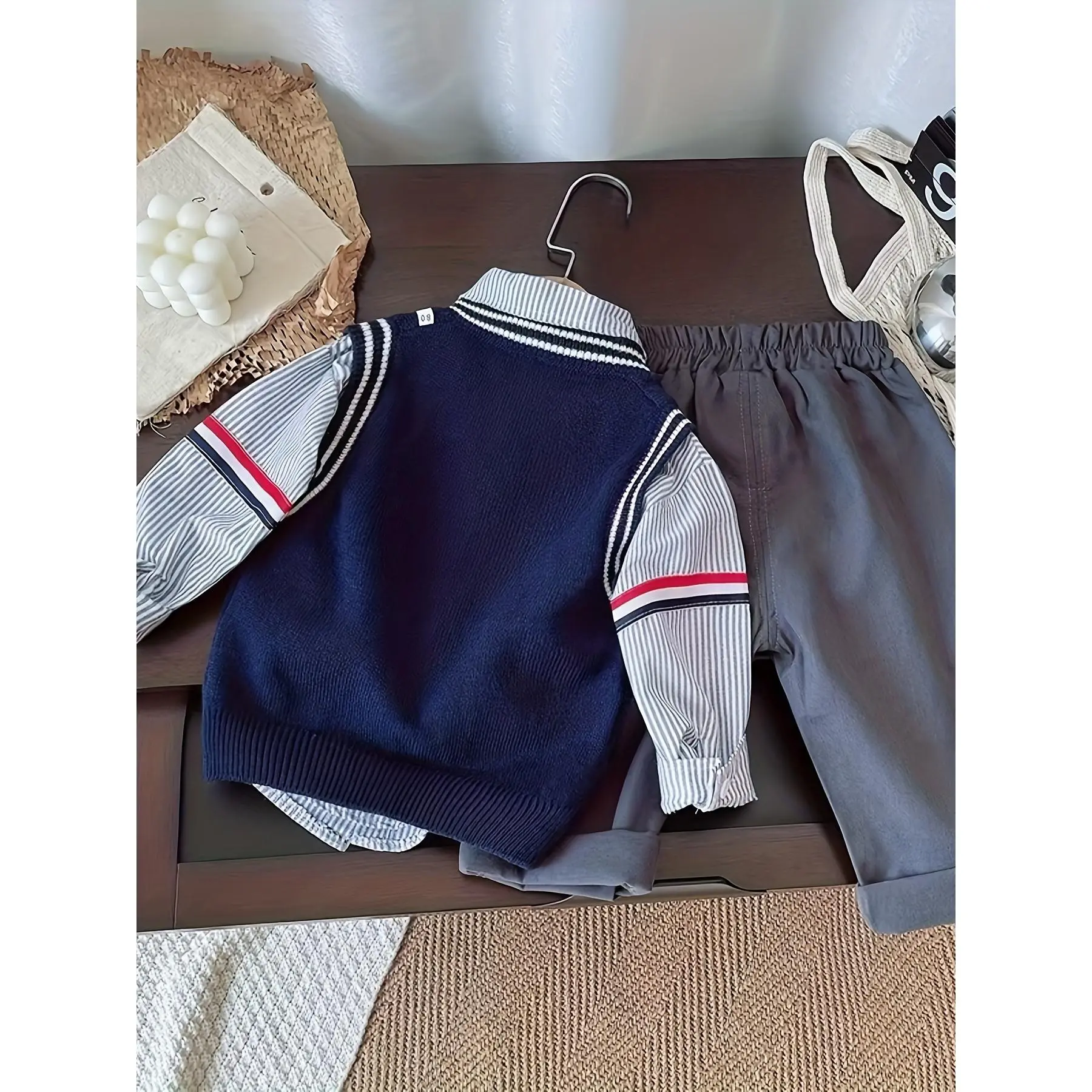 Boys' Spring/Autumn Cardigan + Lapel Shirt + Pants 3pcs Set!Cartoon Elephant Pattern Fashion Trendy for Various Outings, Perfect for Outdoor, Knit