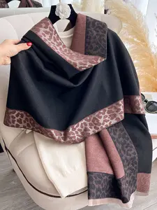 Boho Style Women's Leopard Print Scarf Shawl, Textured Blanket Scarf, Thick Woven Fabric, Fitted Design, Perfect for Fall & Winter Casual Wear
