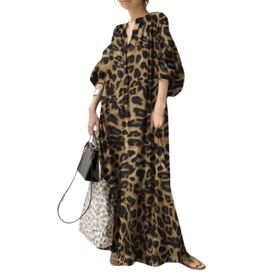 Chouyatou Lady's Summer Leopard Print Maxi Sundress, Casual Wear V-Neck Lantern Sleeve Straight-Cut Women's Dress, Cheetah Print, Going Out, Business, Pull-On Fit, Check Size Charts, Cotton Blend, Oversized Cut, Maxi Dress, Deep V, Evening, Outdoor, Weddi