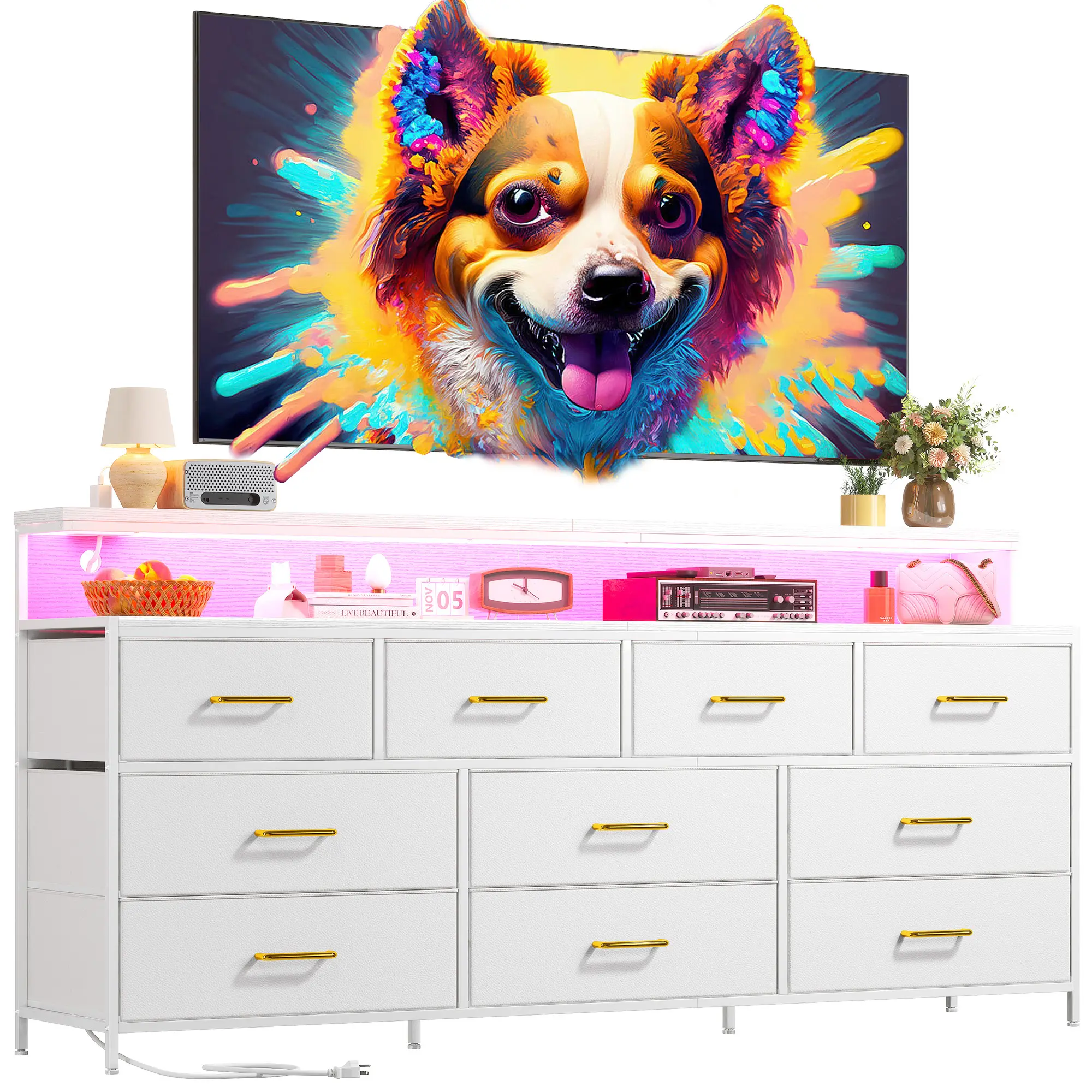 Ryabee 55" White LED Dresser for Bedroom – 10 Fabric Drawers with Power Outlets, Long Storage Chest with Metal Frame & Wood Top, Space-Saving Tall Organizer for Hallway, Entryway, Apartment, Small Spaces, Modern Charging Station