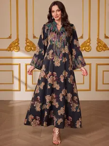 Middle Eastern Muslim Fashion Abaya, V-Neck Embroidered Ethnic Long Sleeve Dress, All Seasons Fitted Glossy Fabric, 103375 Model