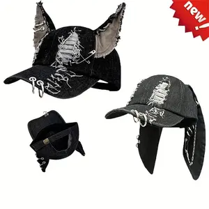 Women's Dark Punk Cat Ear Baseball Cap - Adjustable, Distressed Denim Trucker Hat, Black, 56-58cm, Fashion Accessory