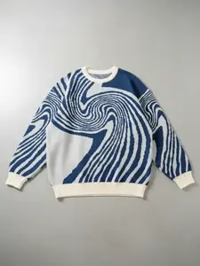 Men's All Over Print Striped Contrast Binding Long Sleeve Sweater, Regular Fit Casual Drop Shoulder Crew Neck Jumper, Stylish Men's Jacquard Knitwear Top For Daily Wear