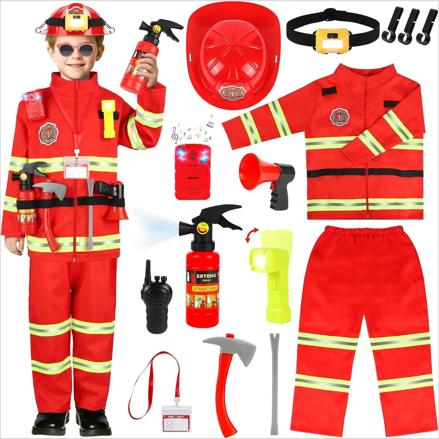 Boys' Firefighter Costume, Reflective Polyester Jacket and Pants Uniform, Pretend Play Set with Lighted Helmet, Water Sprayer & Firefighter Accessories for Halloween Cosplay, Reflective Strips
