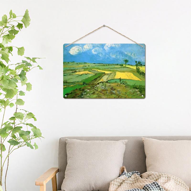 8-in Distressed Hangable Wooden Hanging Plaque - Classic Impressionist Van Gogh Wheat Field Print, Corrosive Resistant Jute Rope Wall Art Prints Hanging Decor, Rustic Farmhouse Bedroom Home Supplies, Pouch-Inclusive for Art Lovers, Sohochic