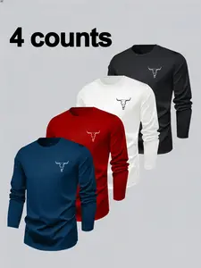 Men's Classic Menswear 4-Piece Set Underwear, Horn Graphic Pattern Print Versatile Long Sleeve T-Shirt, Casual Comfy Fit Fitted Top for Fall & Winter