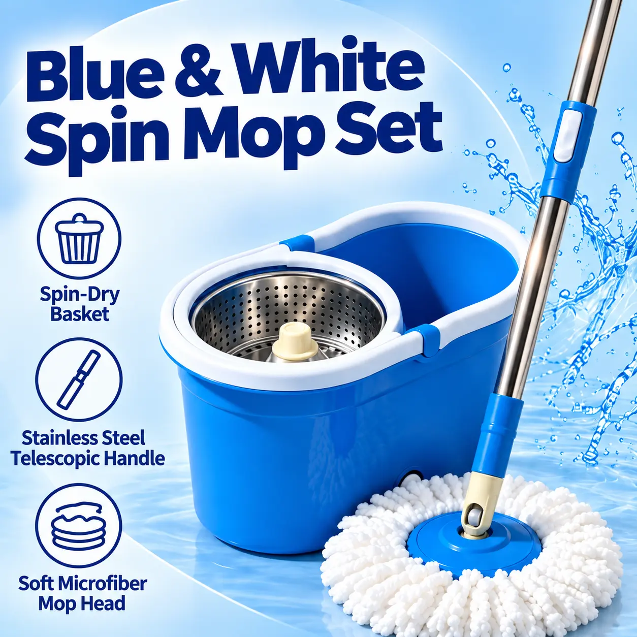 Spin Mop and Bucket with Wringer Set, 360° Spinning Mop Bucket System with 3 Microfiber Mop Replacement