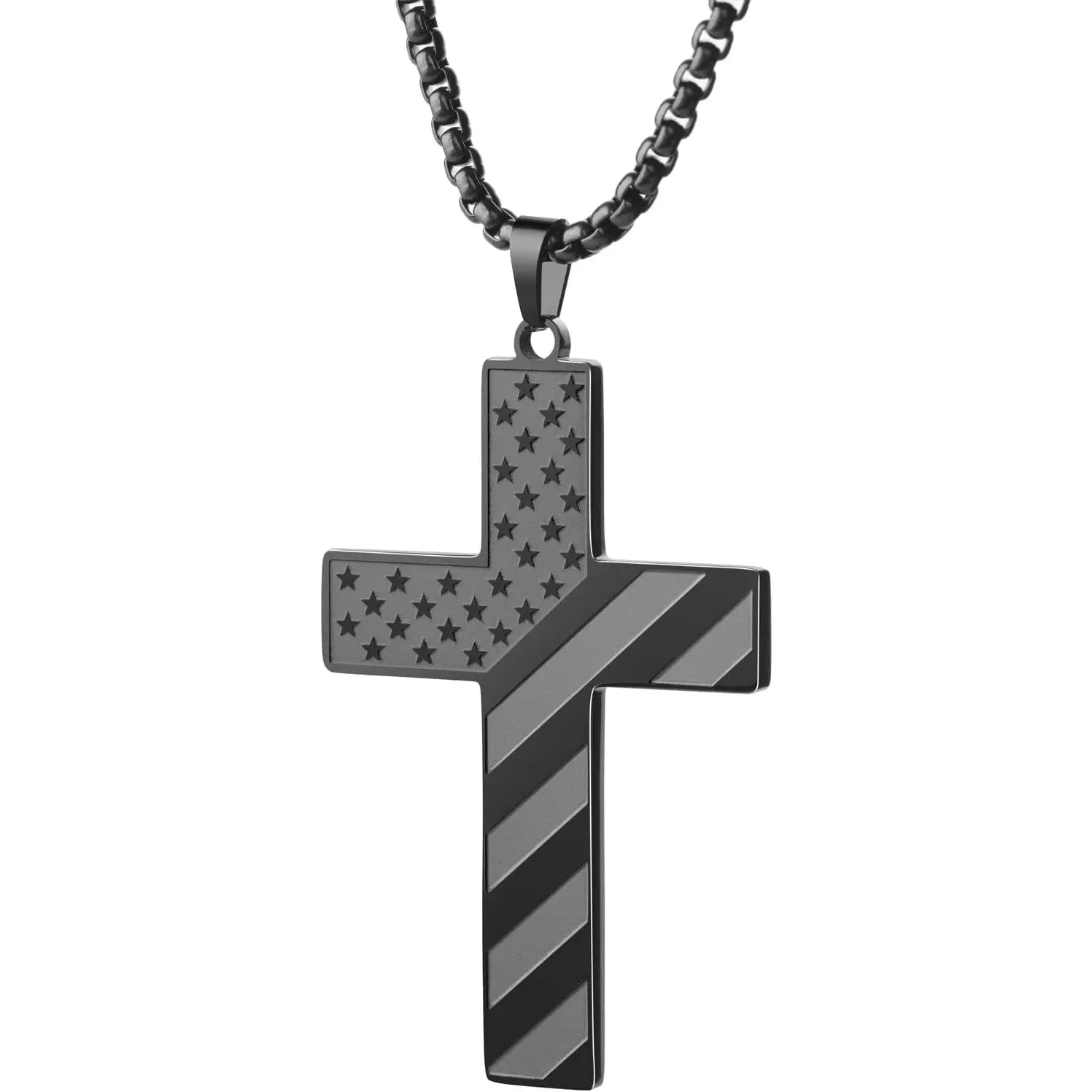 American Flag Cross Necklace - Stainless Steel Pendant with Bible Verse - Gold & Silver Plated - Men's Graduation Gift