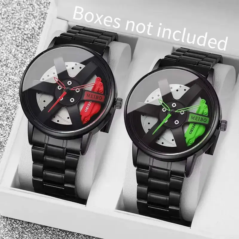 2PCS Fashion Sports Men Watches 3d Car Wheel Stainless Steel Band Wristwatch Men's Quartz Watch Set Reloj Hombre(Without Box)