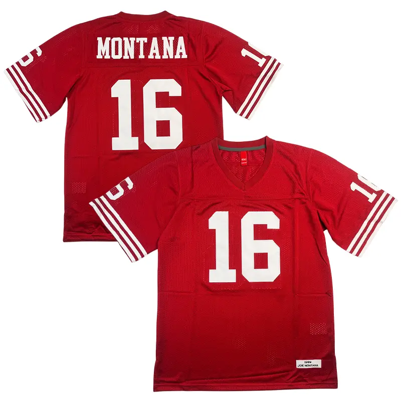 Men's #16 Montana Throwback Football Jersey, 90s Style V-Neck with Sewn Details, Breathable Red Mesh Training Clothes for Gameday, Gameday Ready