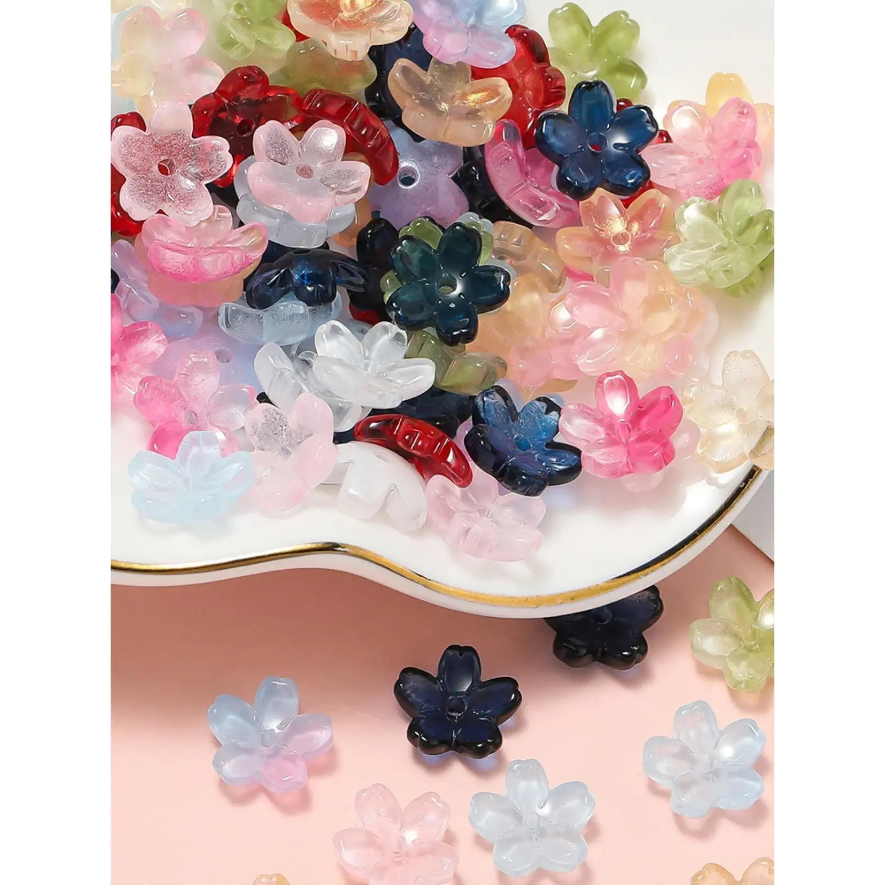 100pcs 11mm Sakura Glass Beads, Transparent Gradient Flower Cap Beads, DIY Mix Beads, DIY Jewelry Making, Necklace, Bracelet, Earrings, Hair Accessories, Diy Beading Accessories, DIY Jewelry Decoration