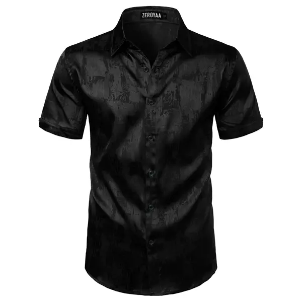 ZEROYAA Men's Luxury Splash Ink Jacquard Dress Shirt, Soft Smooth Short Sleeve Button Up in Shiny Satin for Casual Party & Prom, Shortsleeve, Menswear, Stylish