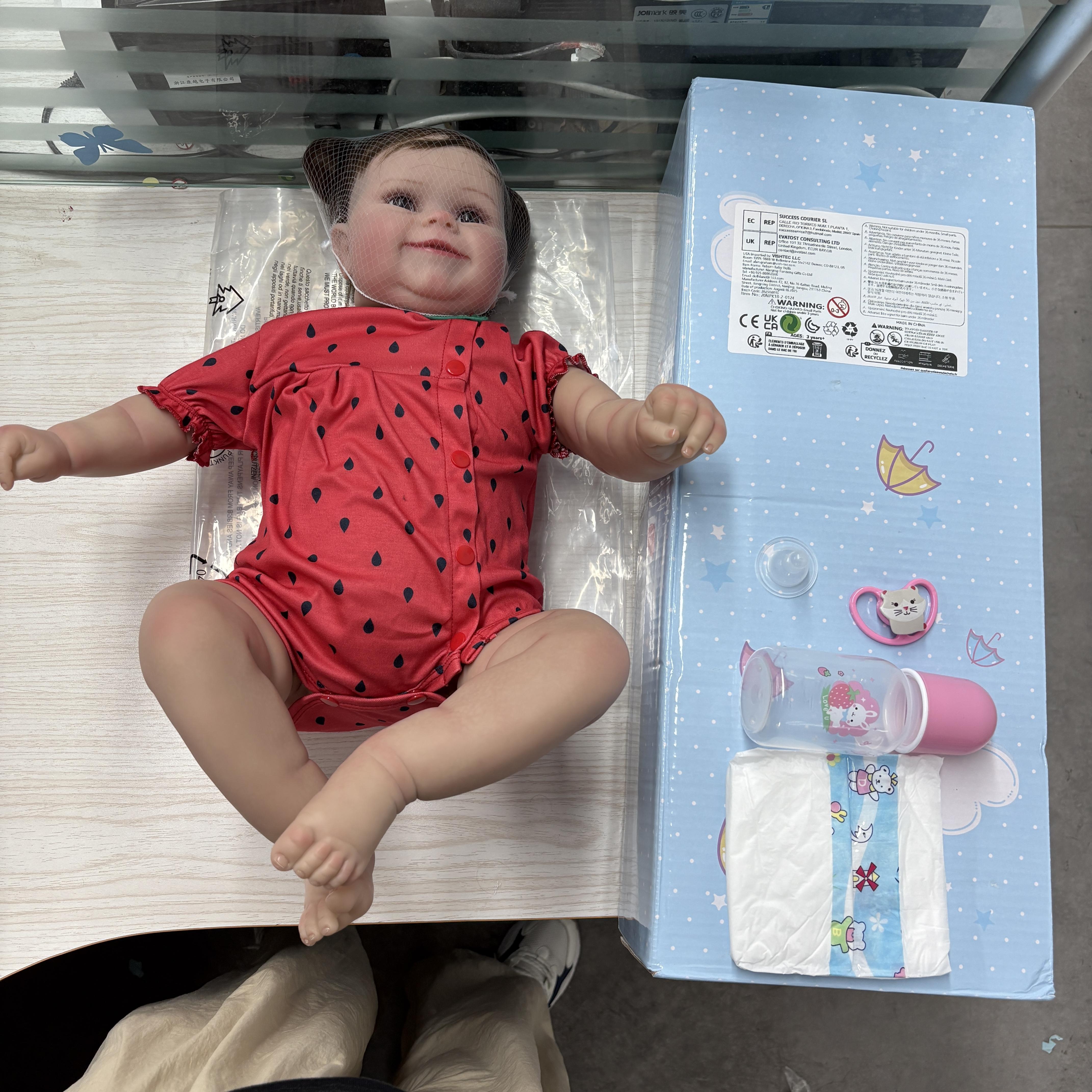 20" Realistic Reborn Baby Girl with Rooted Brown Hair in Watermelon Pink Outfit Magnetic Pacifier Bottle Included  Full Vinyl Girl Toys Doll