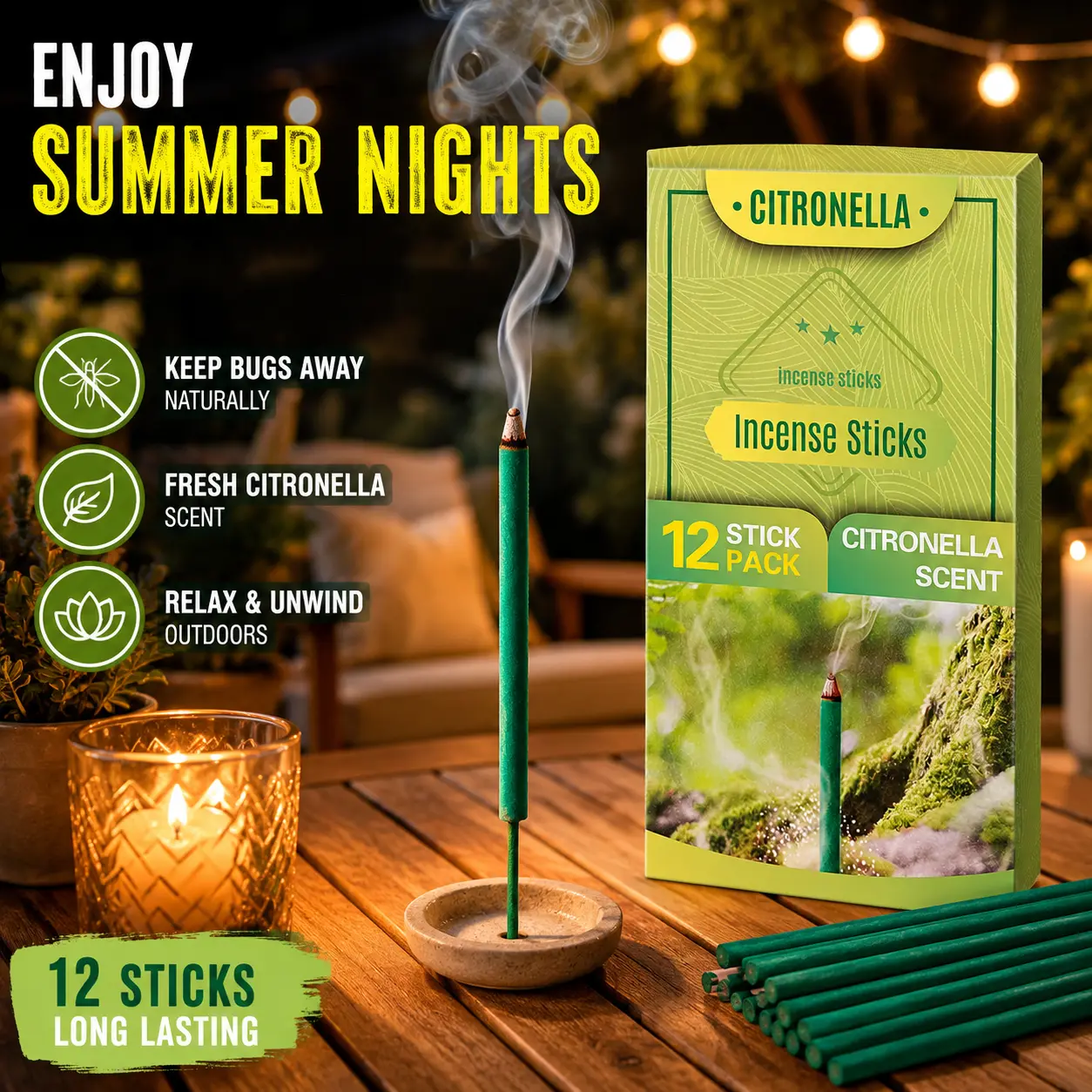 12PCS Citronella Incense Sticks - All Natural, Aromatic Citrusy Scent, Lemongrass Fresh, Woody Aroma Home Fragrance Air Freshener for Indoor/Outdoor Patio, Camping