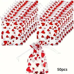 50 Romantic Heart-Shaped Organza Gift Bags with Drawstring, Party Gift, Perfect for Valentine's Day, Weddings, Parties, Jewelry & Cosmetics
