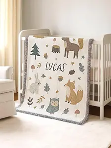 Woodland Baby Blanket with Name, Woven Cotton or Fleece Blanket, Forest Animals Newborn Blanket, Keepsake Heirloom Gift