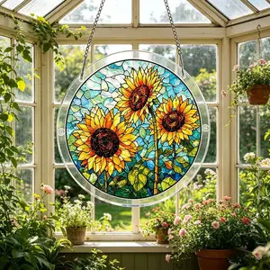 Stained Glass Suncatcher, Hummingbird Floral/Scenic Window Hanging Ornament, Acrylic Sun Catcher for Home Garden Decor, Gift for Bird Lovers