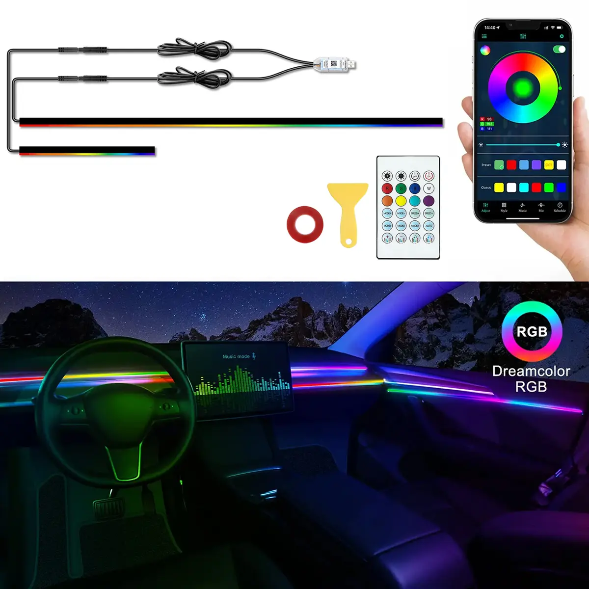 RGB Car Interior Ambient Lighting Kit with App & RF Remote Control, Dual-Size Flexible LED Light Bars for Dashboard & Doors, Music Sync, USB Plug & Play, Customizable Car Decor